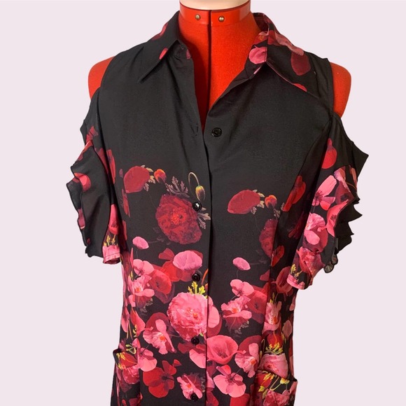 Samuel Dong Floral Dress Button Down Cold Shoulder XS - Picture 5 of 10